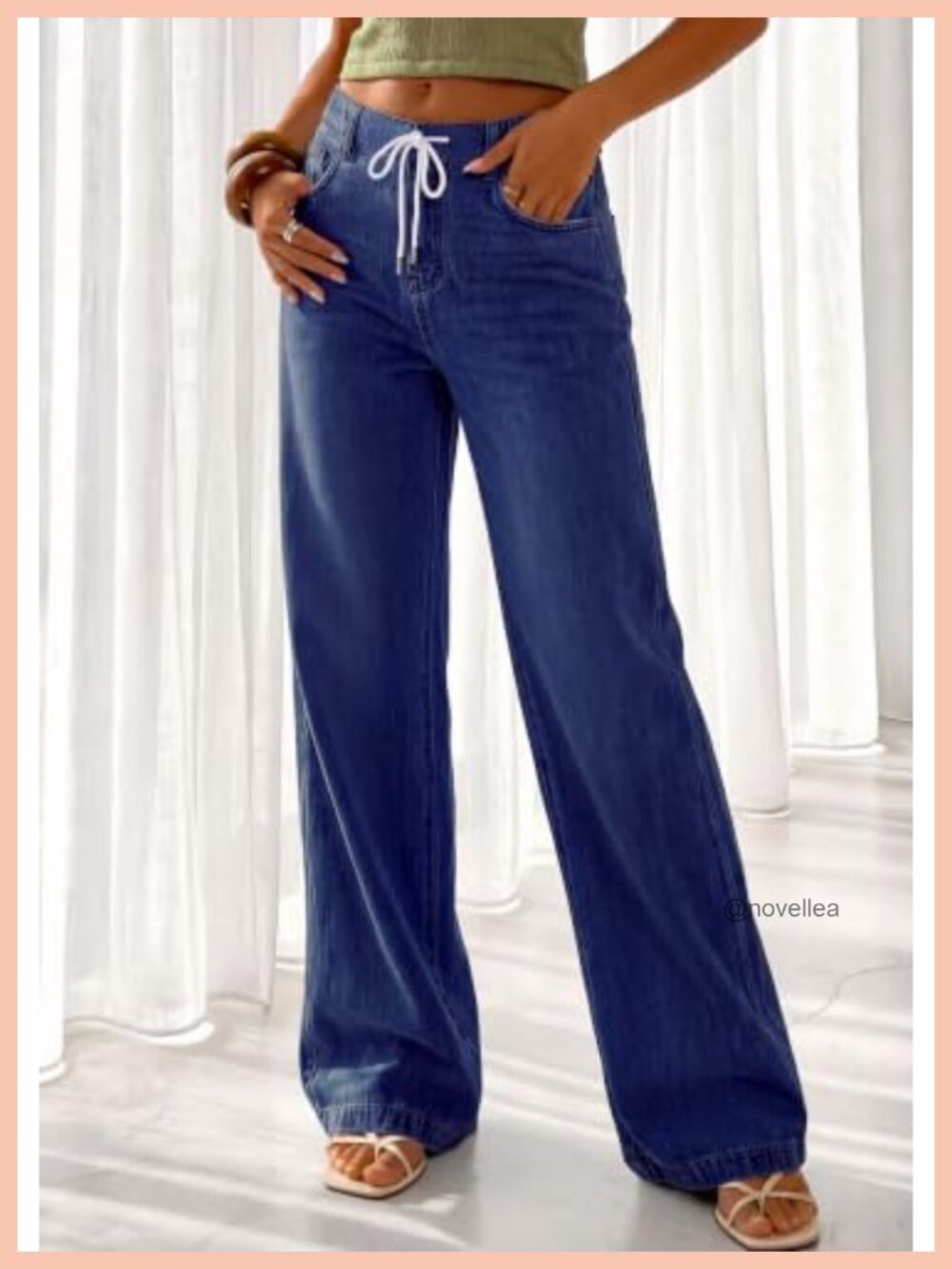 Stretchy High Waisted Wide Leg Jeans with Drawstring for Women Casual Baggy - Picture 2 of 6
